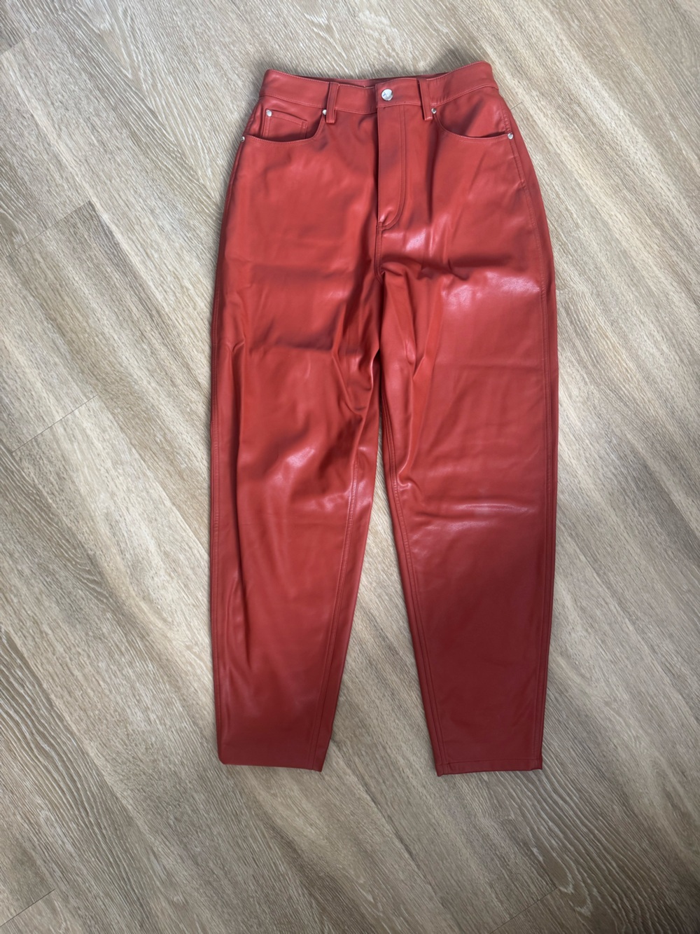 Reddish Tan Faux Leather Womenโs Jeans - Sleek High-Rise Fit